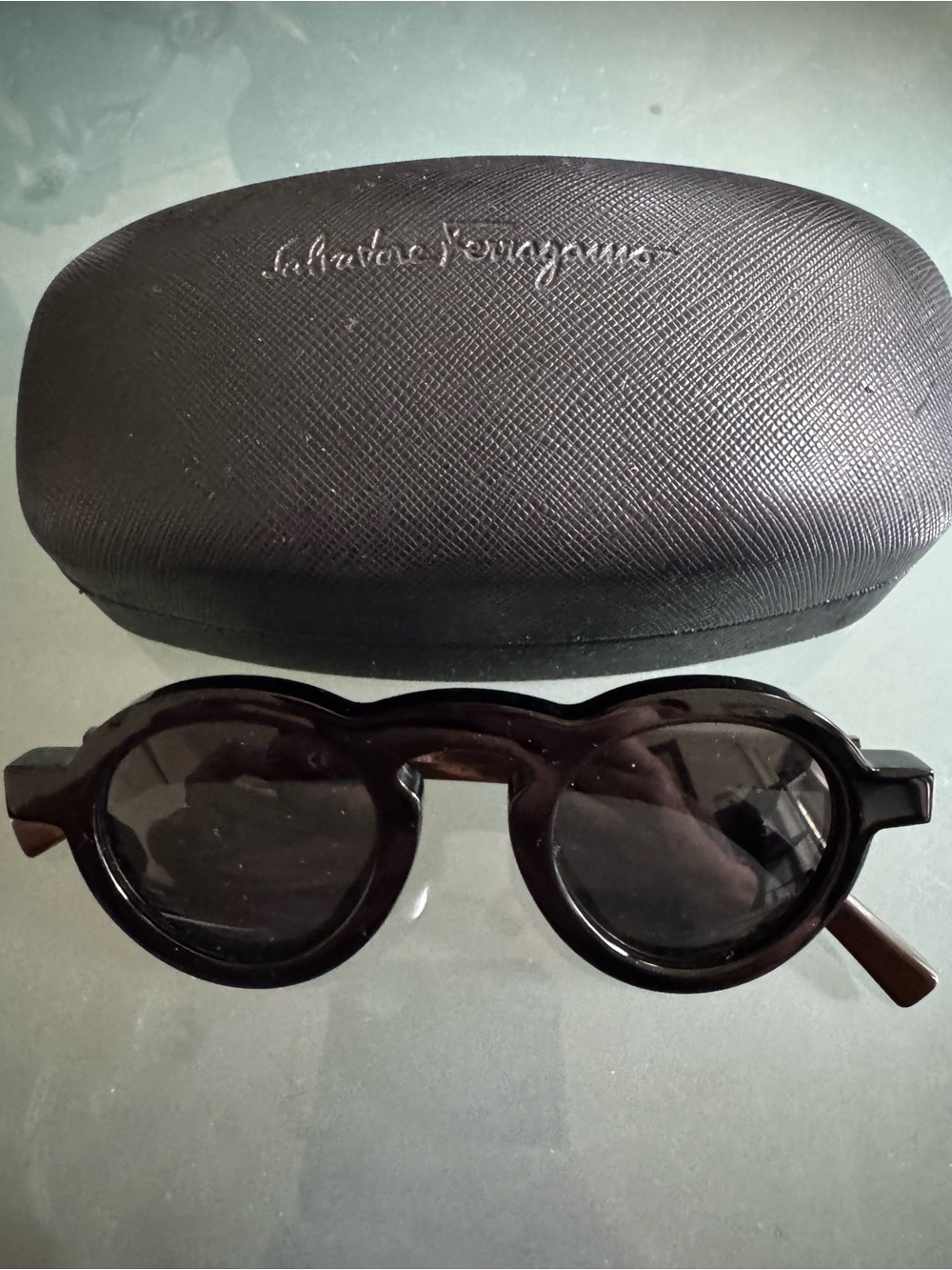 Salvatore Ferragamo Black Round Frame Sunglasses with Case